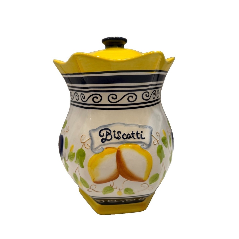 VTG  Nonni's Ceramic Hand-Painted Biscotti Cookie Jar Lemons, Plums, Green Vines